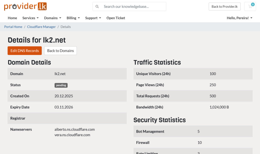 Screenshot of Provider.lk client area showing a .LK domain with the integrated Cloudflare DNS management interface