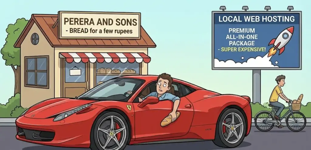 Illustration of a Ferrari at a Perera and Sons bakery in Sri Lanka, representing expensive overkill web hosting packages compared to affordable local hosting.