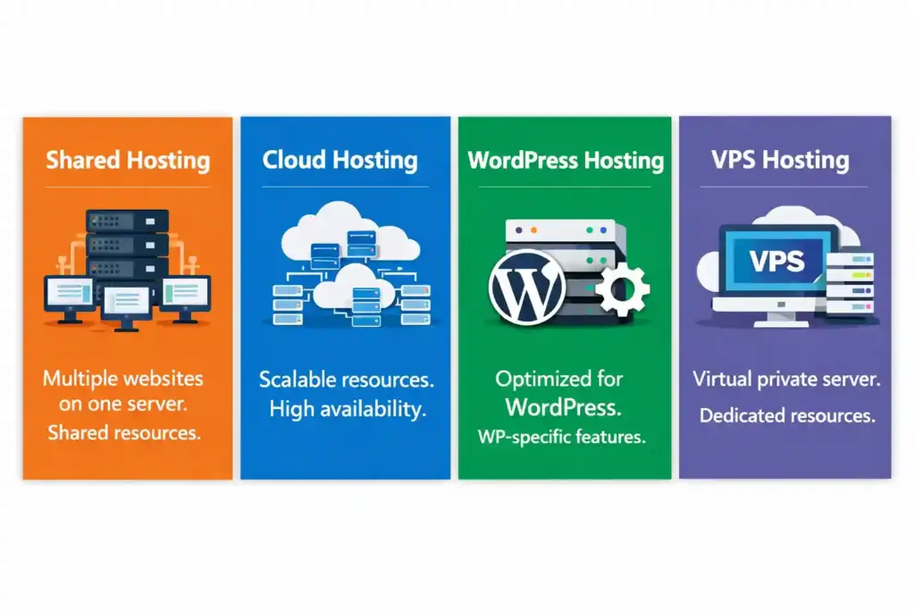Comparison of Shared, Cloud, WordPress, and VPS hosting types in Sri Lanka with the key features and resource types.