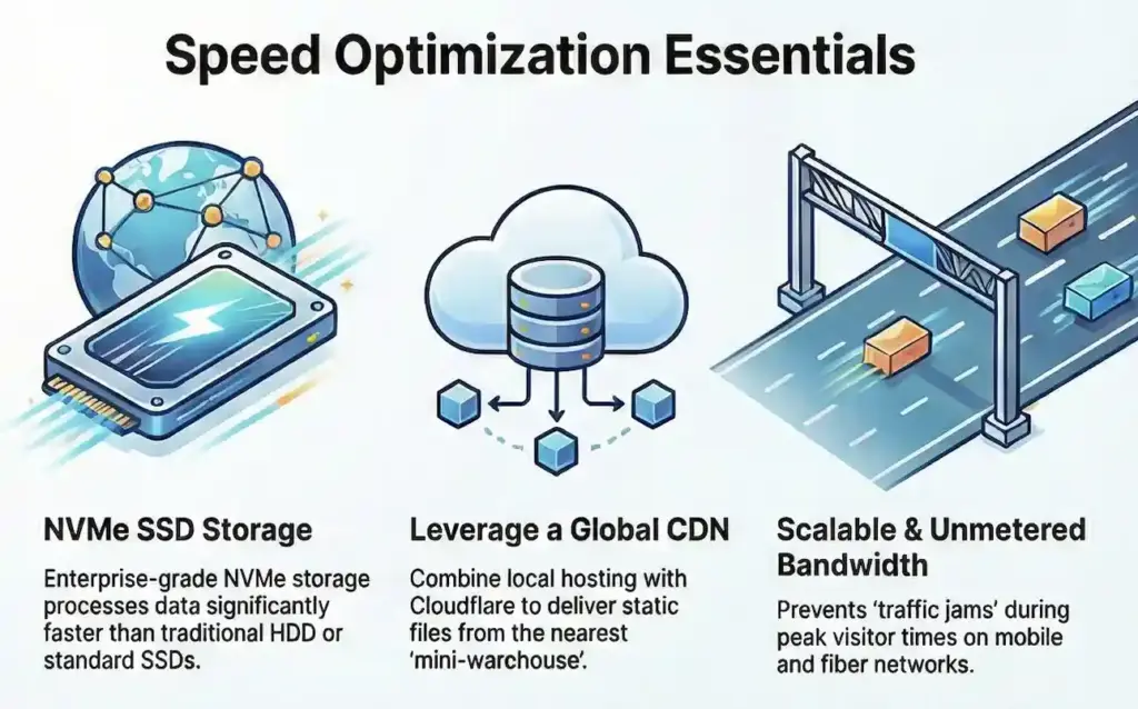 Illustration showing website speed optimization essentials in Sri Lanka, including high-performance hardware, CDN usage, and server-level optimizations for faster loading.