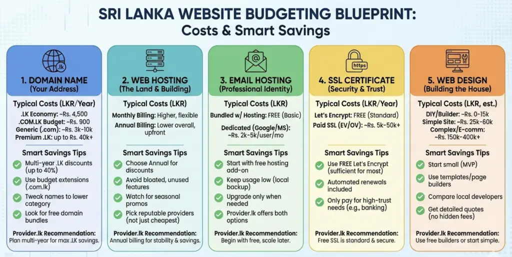 Infographic titled "SRI LANKA WEBSITE BUDGETING BLUEPRINT: Costs & Smart Savings," detailing typical costs in LKR for Domain Names (.LK, generic), Web Hosting (monthly vs. annual), Email Hosting (free vs. dedicated), SSL Certificates (free vs. paid), and Web Design (DIY to complex). It includes "Smart Savings Tips" for each category, such as multi-year .LK discounts, choosing annual hosting, using free SSL, and starting with simple designs, along with specific recommendations from Provider.lk.