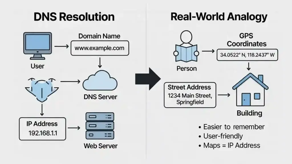 Diagram comparing physical home address to website domain name.