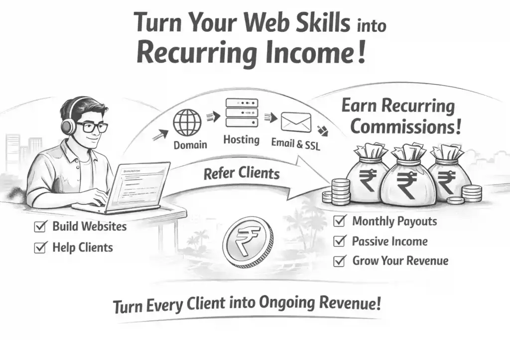 Illustration of a Sri Lankan freelancer using a laptop to refer clients for domains, hosting, email, and SSL services through Provider.lk, earning recurring commissions and passive income.