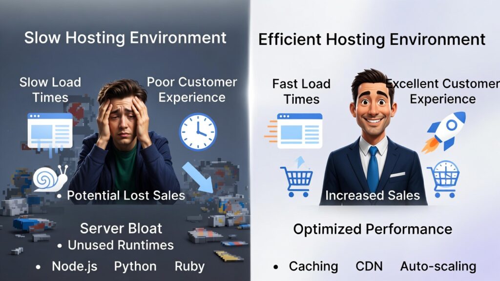 Horizontal comparison infographic: Left side shows frustrated e-commerce owner with slow-loading online store, snail icon for load times, poor customer experience, and lost sales due to server bloat from unused Node.js, Python, and Ruby runtimes. Right side shows confident store owner with fast-loading site, rocket and shopping cart icons, happy customers, increased sales, and optimized stack featuring caching, CDN, and auto-scaling.