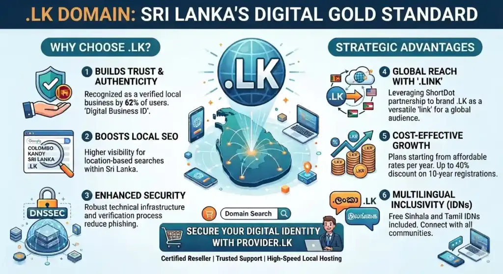 Infographic showing the advantages of .LK domain registration in Sri Lanka, including local SEO benefits, consumer trust, DNSSEC security, and multilingual support for Sinhala and Tamil IDNs.