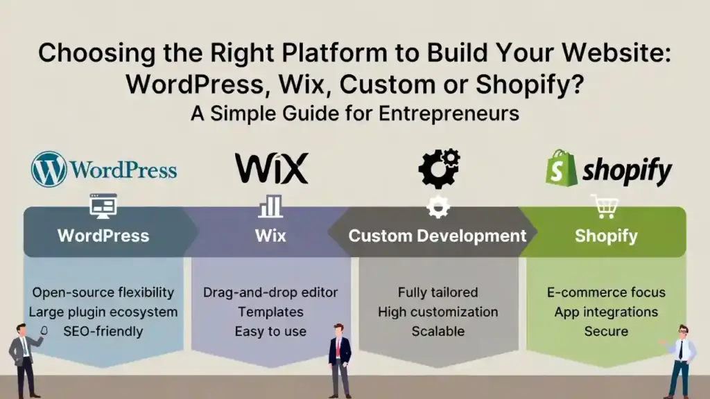 Infographic comparing WordPress, Wix, Shopify, and custom HTML/PHP website development, highlighting key features such as customization, ease of use, SEO capabilities, and e-commerce support to help entrepreneurs choose the best website platform.