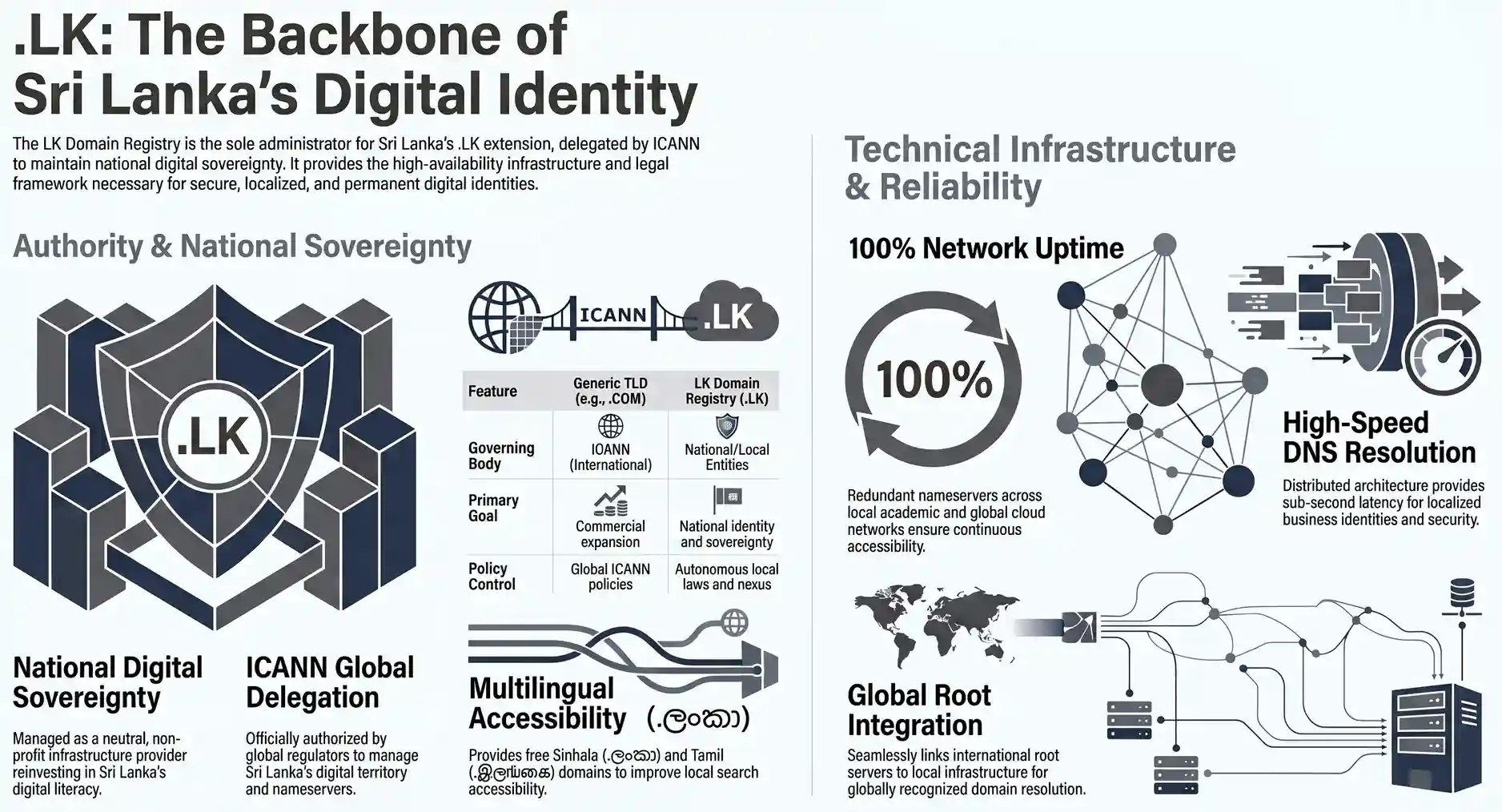 A comprehensive infographic detailing the LK Domain Registry ecosystem, including DNS hierarchy from global root servers to Sri Lankan nameservers, .LK registration policies, the 1990 historical timeline.