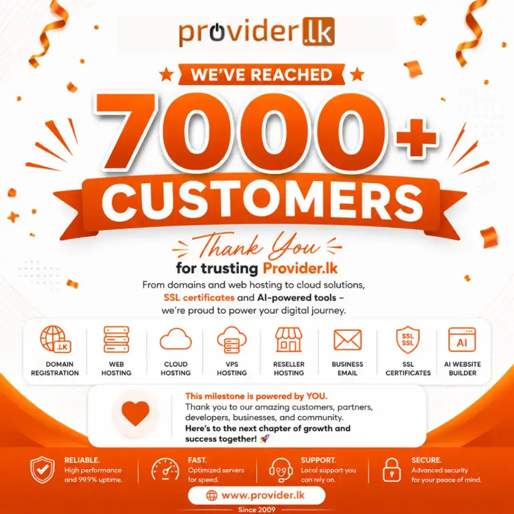Celebration graphic for provider.lk reaching 7,000+ customers, highlighting domain registration, web hosting, and cloud solutions since 2009.