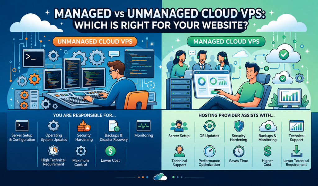 Comparison of Managed and Unmanaged Cloud VPS hosting, highlighting server management responsibilities, security, monitoring, backups, technical support, and performance differences.